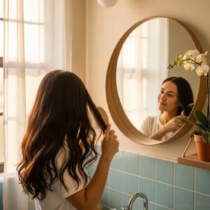 New mother brushing her hair in a cozy bathroom, emphasizing postpartum hair care and wellness