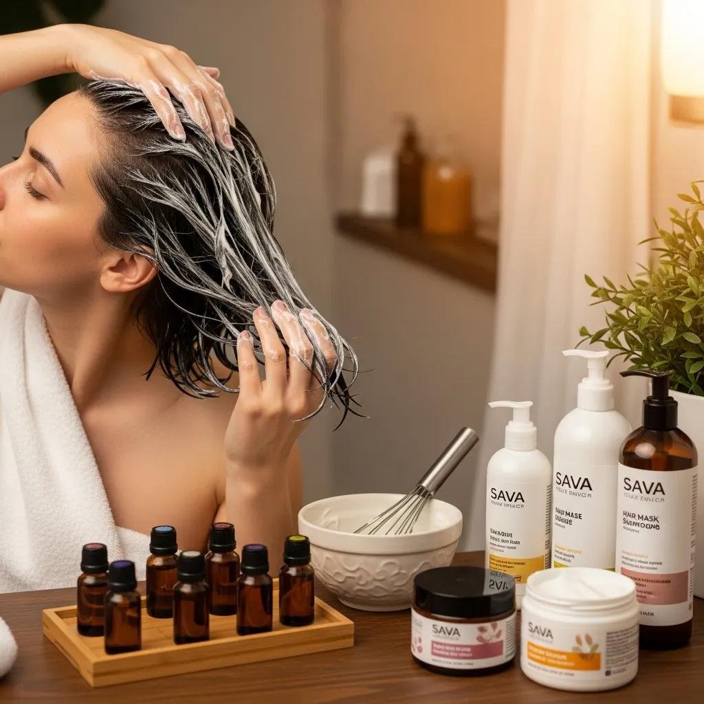 Client applying a deep-conditioning mask at home as part of aftercare following a bonding treatment