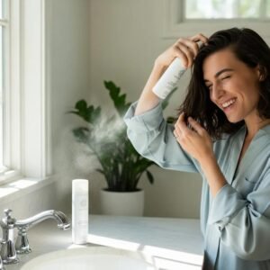 Person applying dry shampoo in a bright bathroom, highlighting convenience and freshness