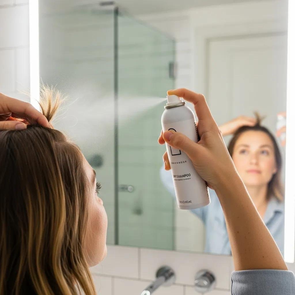 Applying dry shampoo at the roots in front of a mirror, demonstrating the correct distance and technique