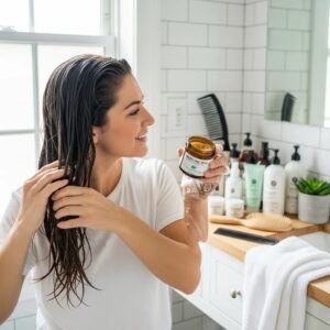 Person applying hair care product in a bright bathroom, highlighting healthy hair care routine