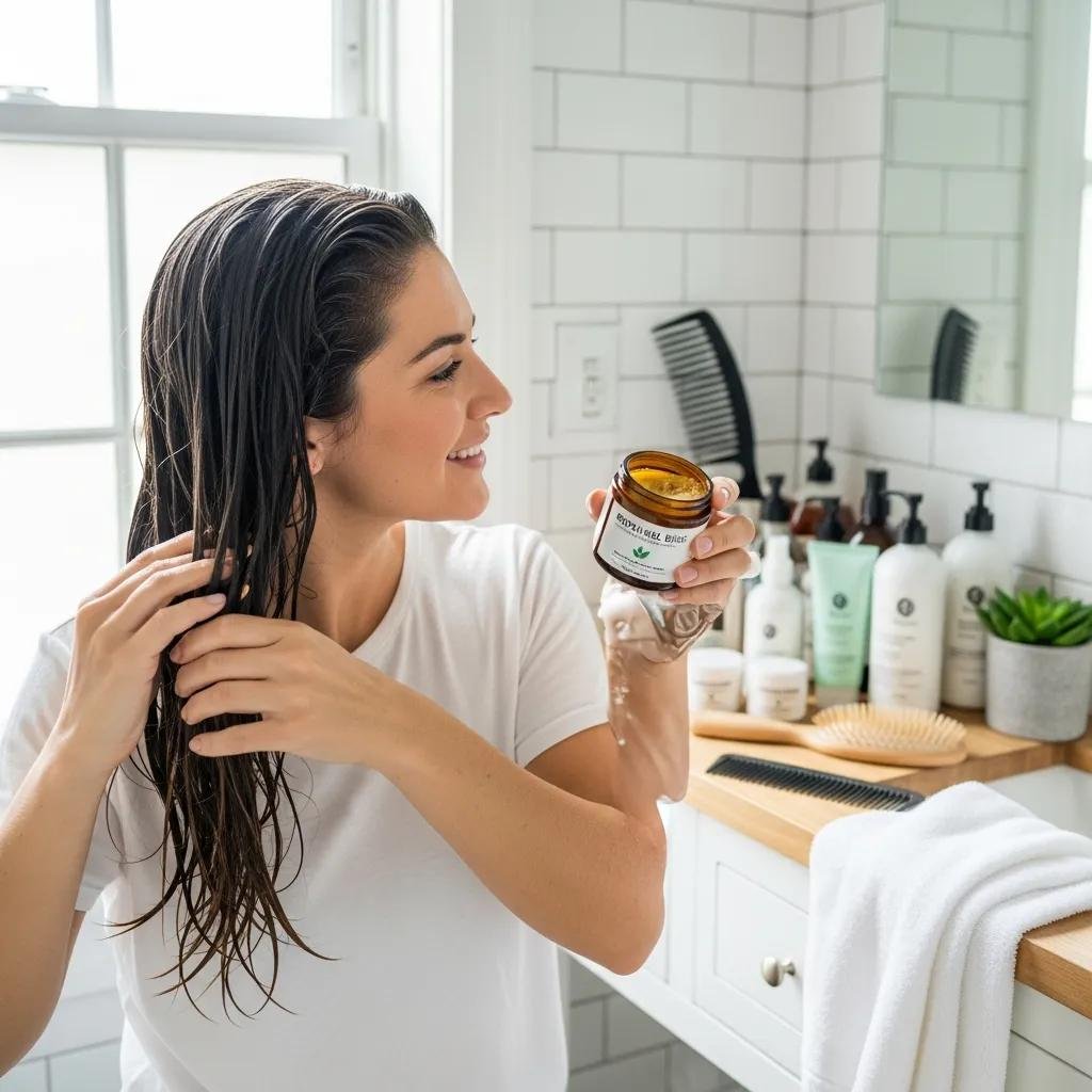 Person applying hair care product in a bright bathroom, highlighting healthy hair care routine