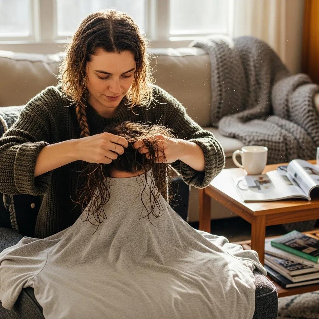 At-home demo of heatless styling: plopping and braiding to set natural waves, shown in a cozy bathroom setting