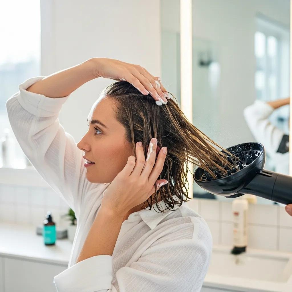 Stylist demonstrating scrunching and diffusing techniques for wavy hair