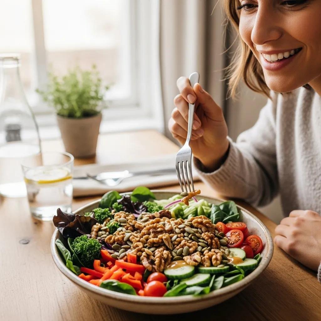 Person enjoying a nutrient-packed salad rich in omega‑3s for scalp health