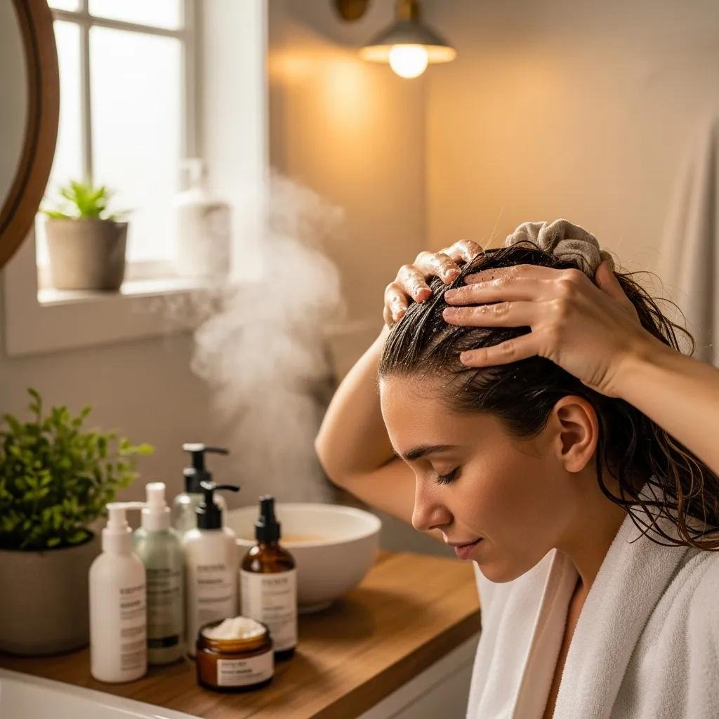 Person performing a gentle scalp detox at home, illustrating self-care and scalp health
