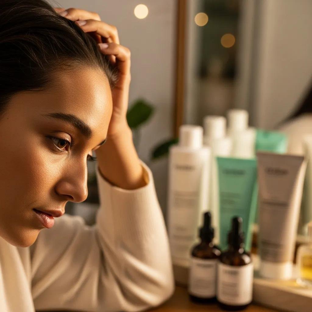 Person checking their scalp, thinking about hair care and genetics