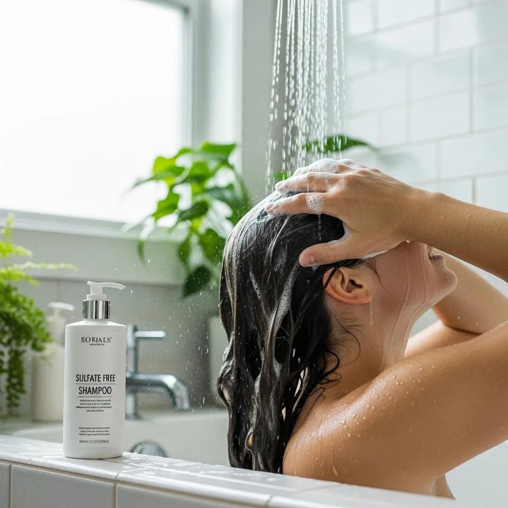 Person washing hair with a sulfate-free shampoo, highlighting smoother, healthier results