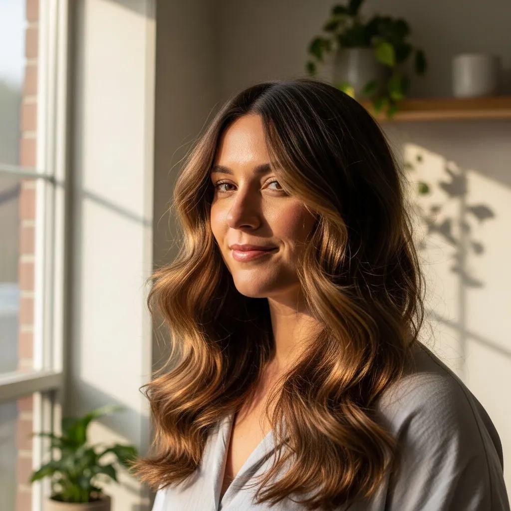 Person with defined, frizz-free wavy hair in a sunlit room, showcasing expert styling techniques