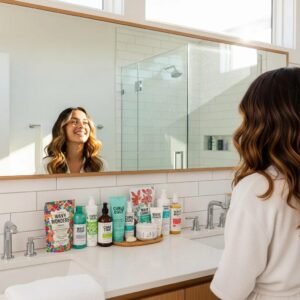 Person with defined wavy hair in a bright bathroom, surrounded by hair care products, representing natural hair enhancement