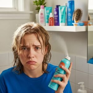 Person with greasy hair holding dry shampoo in a bright bathroom, emphasizing quick hair fixes
