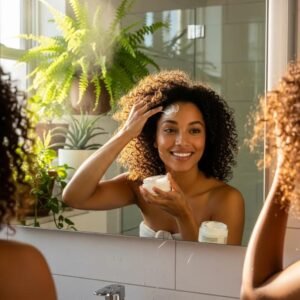 Person with naturally curly hair applying moisturizing product in a bright bathroom, emphasizing curly hair care