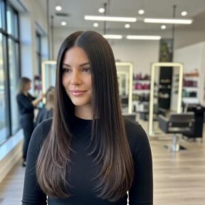 Person with sleek, shiny hair in a modern salon, highlighting static hair solutions and keratin treatment benefits