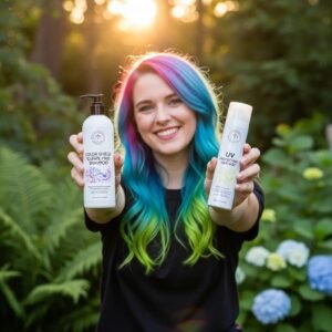 Person with vibrant hair holding hair care products in a natural setting