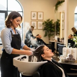 Professional stylist applying deep conditioning treatment in a salon, emphasizing hair restoration and care