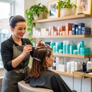 Professional stylist performing a root touch-up service in a modern salon, highlighting hair care and beauty