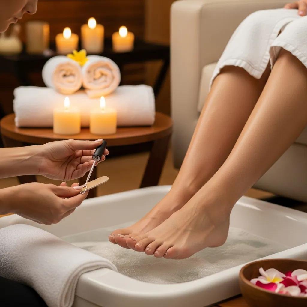 Relaxing pedicure with feet soaking in a warm bath surrounded by candles and towels