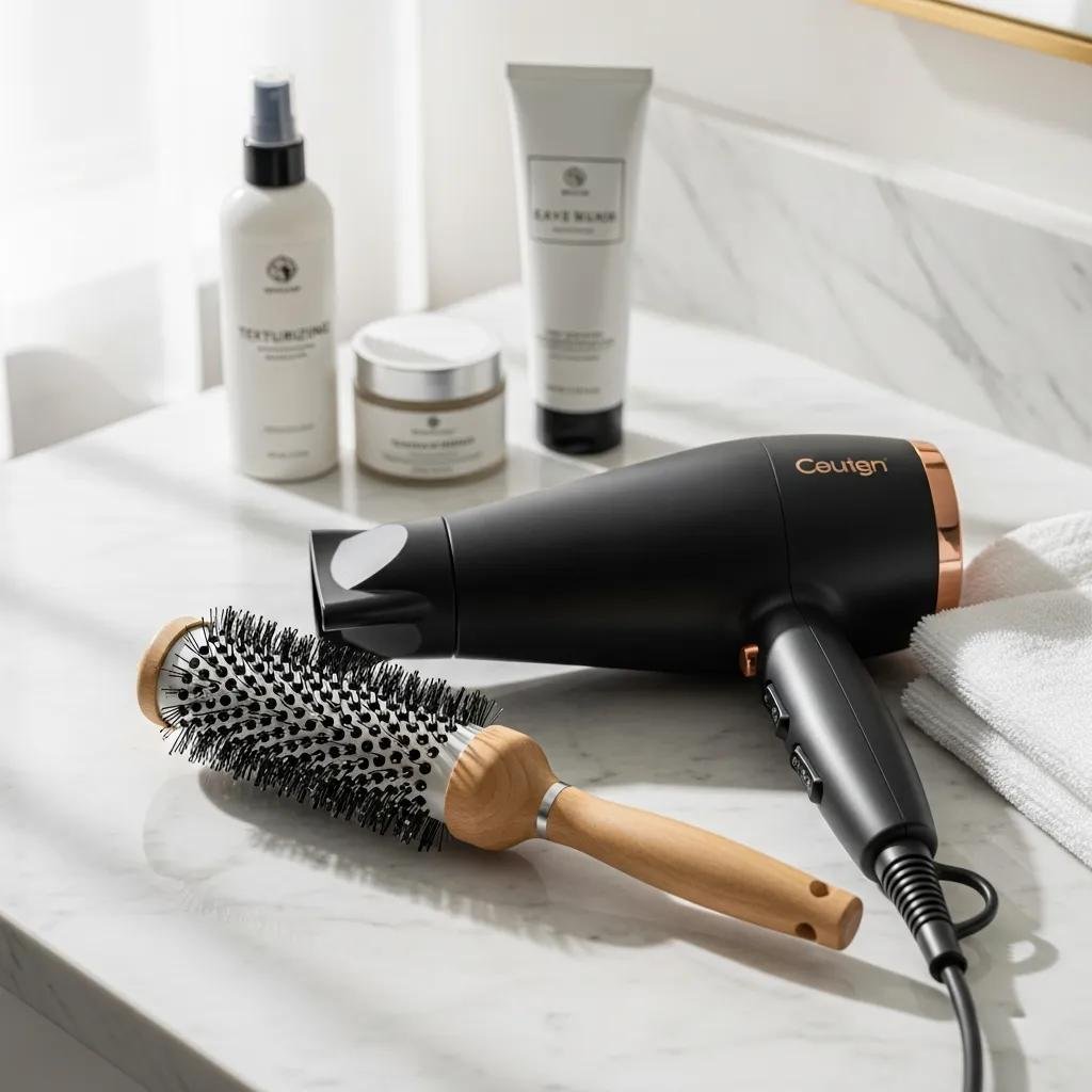 Stylist using a round brush to add root lift and smooth lengths during a salon blowout