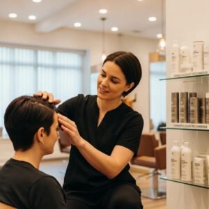 Salon consultation for scalp psoriasis hair care with a stylist and client