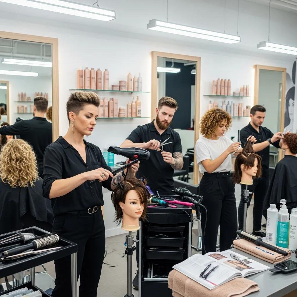 A salon training session where stylists practice techniques with a mentor