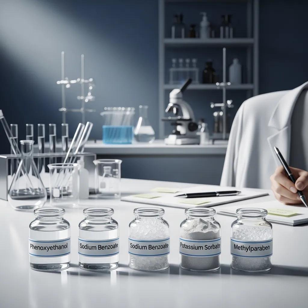 Glass containers holding common synthetic preservatives used in hair formulations