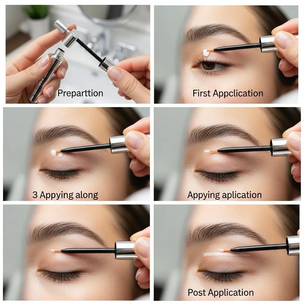 Step‑by‑step application: applying eyelash serum along the upper lash line in a clean bathroom setting