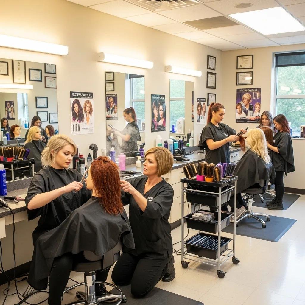 Students practicing cutting and styling techniques in a cosmetology classroom, emphasizing hands-on learning