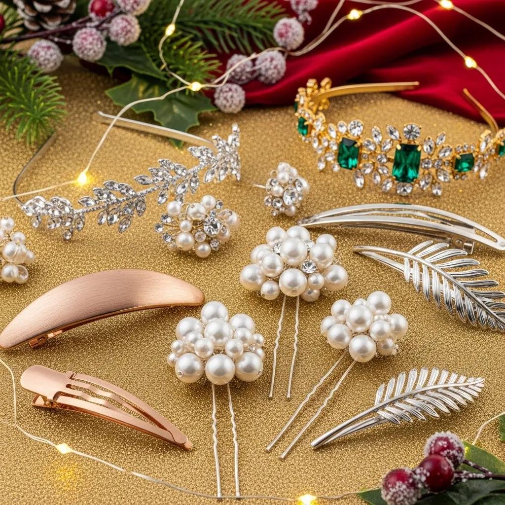 Holiday hair accessories — pearl pins, crystal headbands, and metallic barrettes styled with festive hairstyles