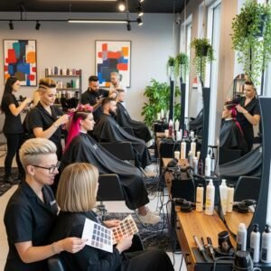 Stylish hair salon scene with diverse clients receiving trendy haircuts and colors