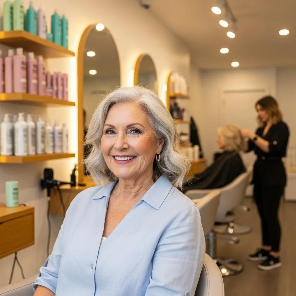 Stylish older woman with natural gray hair in a modern salon, showcasing confidence and beauty