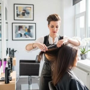 Stylish salon scene with a hairstylist cutting long hair, emphasizing expert long hair styling techniques