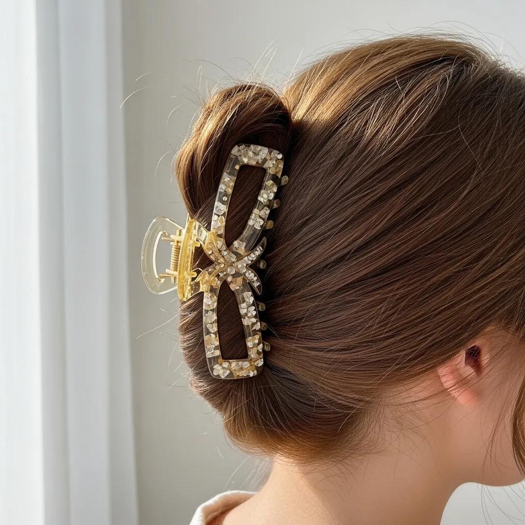 Updo held by an oversized acetate claw clip, highlighting texture and accessory design