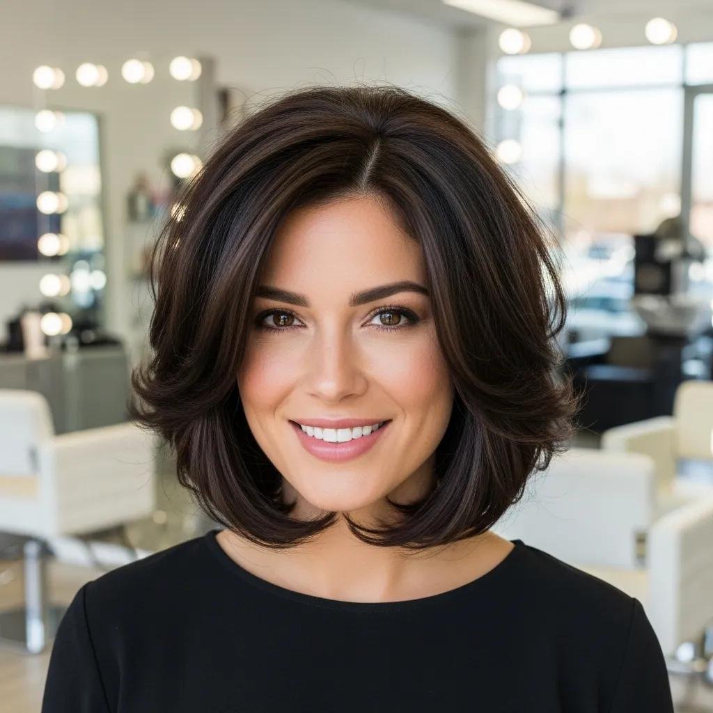 Stylish woman with layered bob haircut in a modern salon, showcasing volume for fine hair