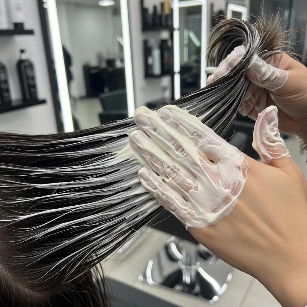 Salon stylist applying a deep conditioning mask to shiny, healthy-looking hair