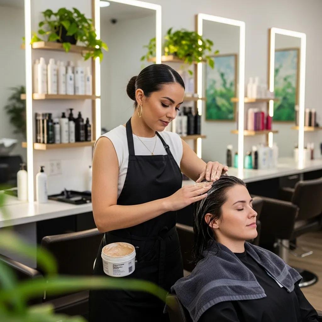Stylist applying a nourishing deep-conditioning treatment in-salon for winter hydration
