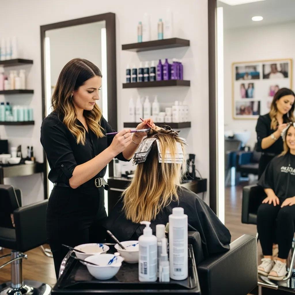 Applying balayage color in a modern salon setting at Kylie Studio Salon