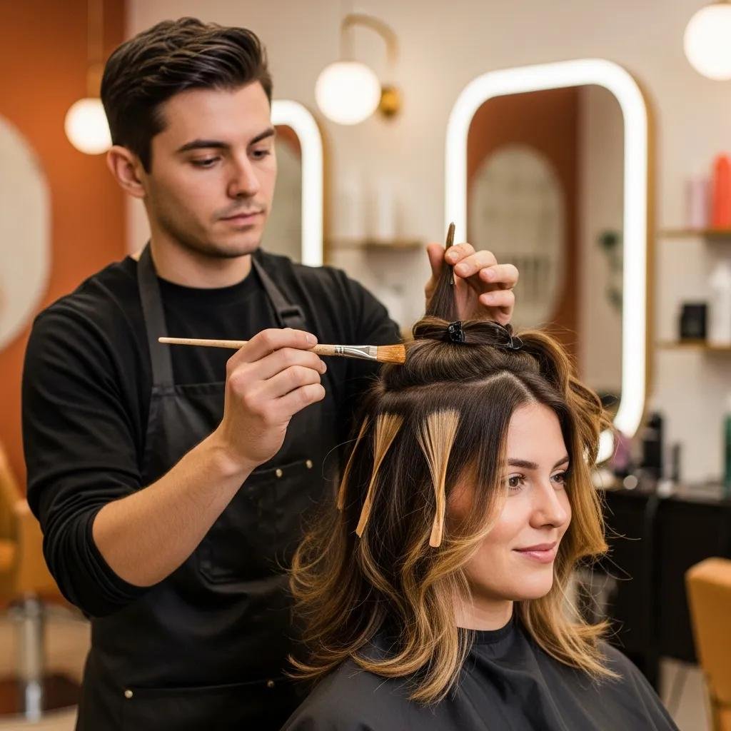 Stylist carefully painting caramel balayage highlights in a bright salon setting