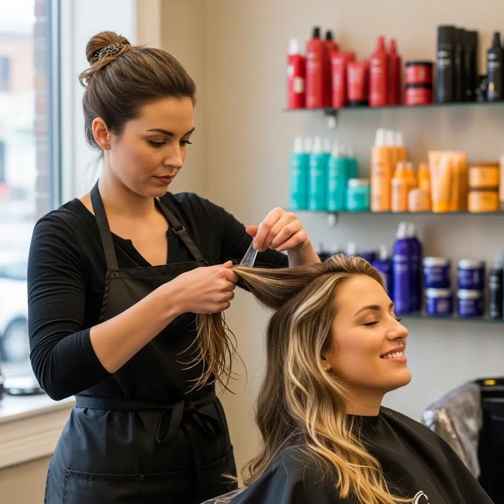 Salon stylist applying a gloss treatment to a client's colored hair