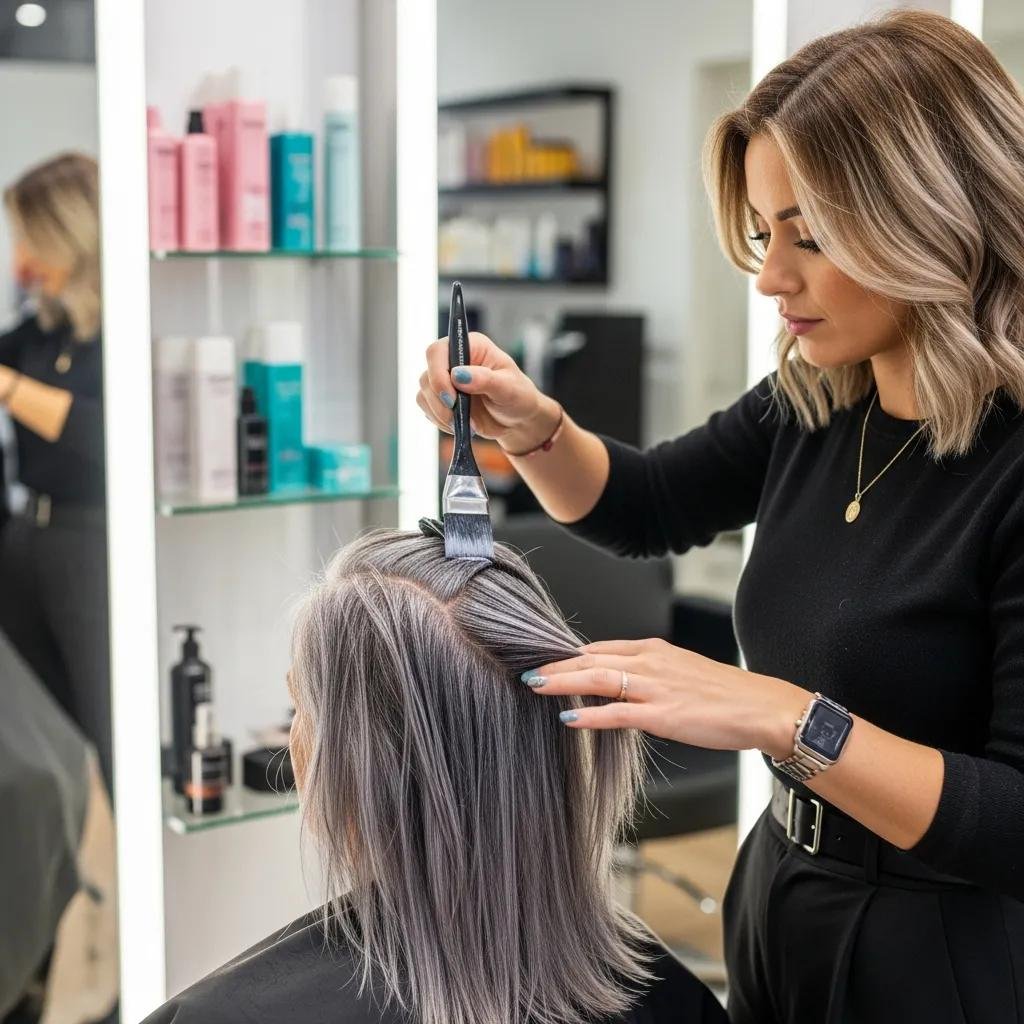 Stylist applying gray hair blending techniques in a modern salon, showcasing natural integration of gray strands