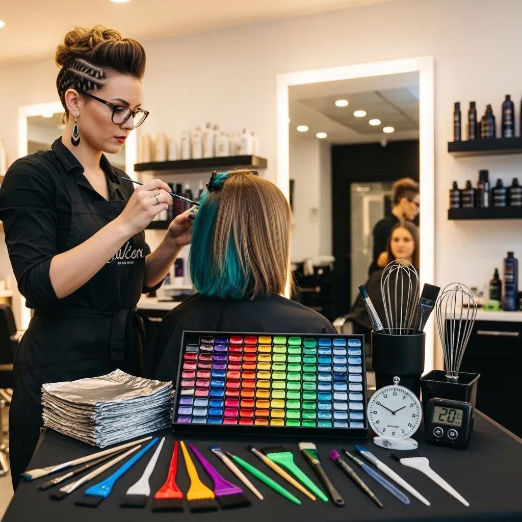 Color service in progress with stylist applying professional hair color