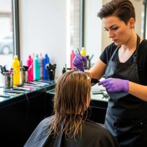 Stylist applying hair gloss and toner in a bright salon, highlighting hair treatment process