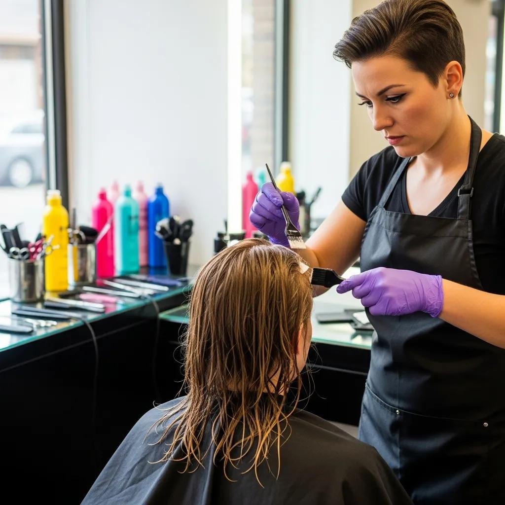Stylist applying hair gloss and toner in a bright salon, highlighting hair treatment process