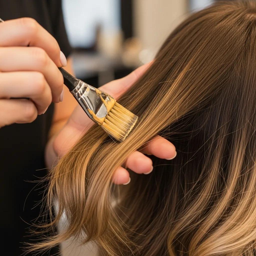 Stylist painting a natural-look balayage for soft, warm dimension