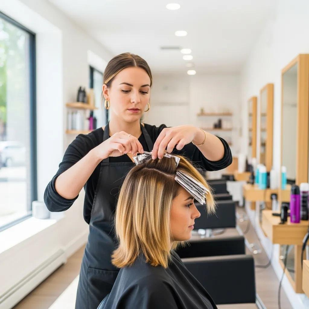 Stylist applying partial highlights in a modern salon, showcasing natural hair color techniques