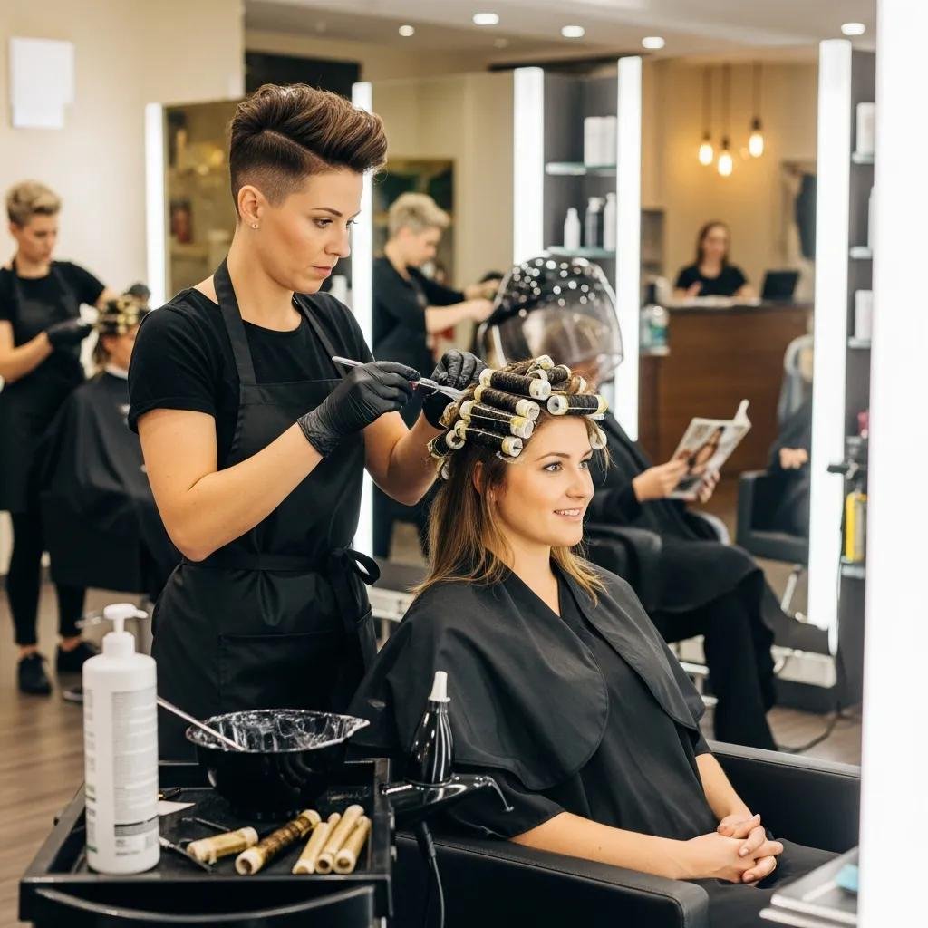 Stylist applying perm solution during a men's perm service