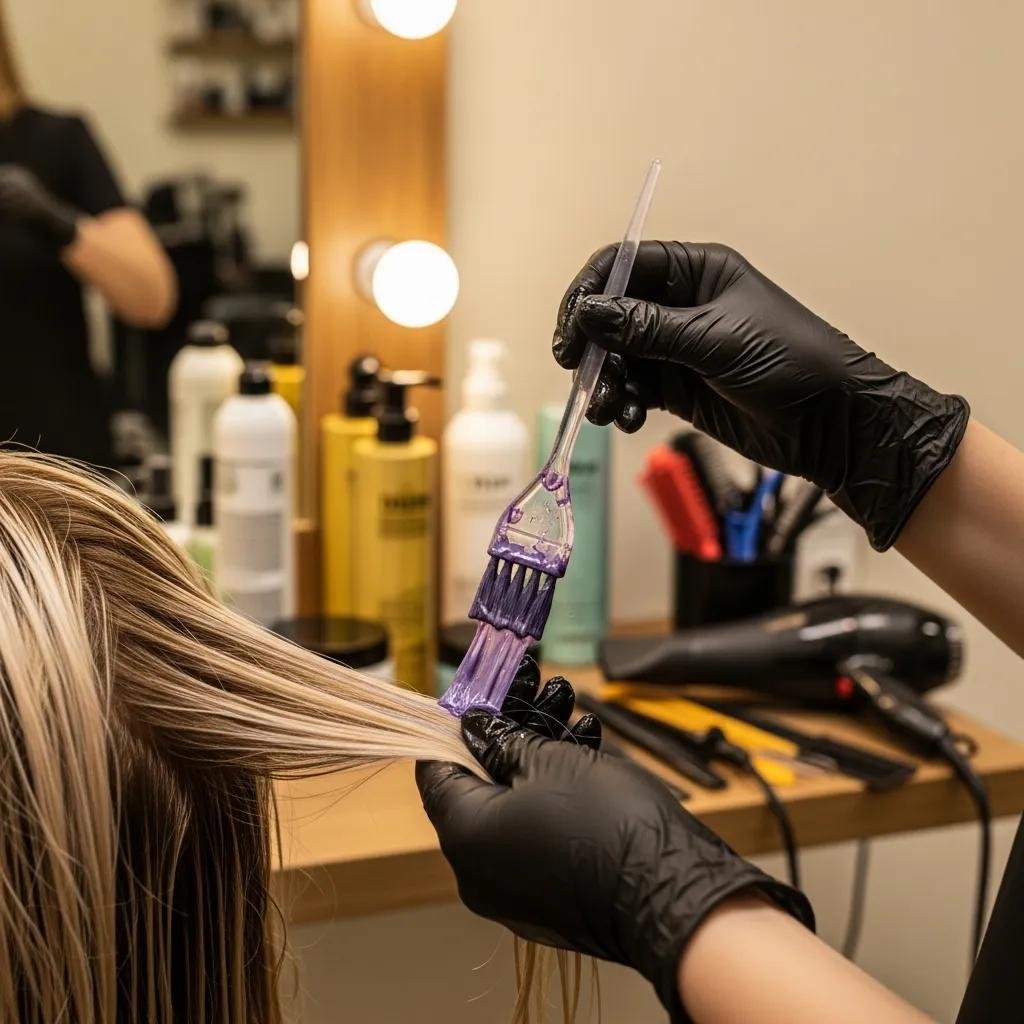 Stylist applying toner in the salon to refine tone and reduce brassiness