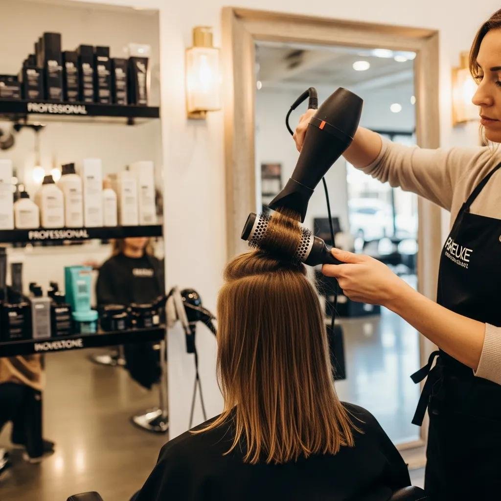 Stylist blow-drying fine hair to create lift in a modern salon