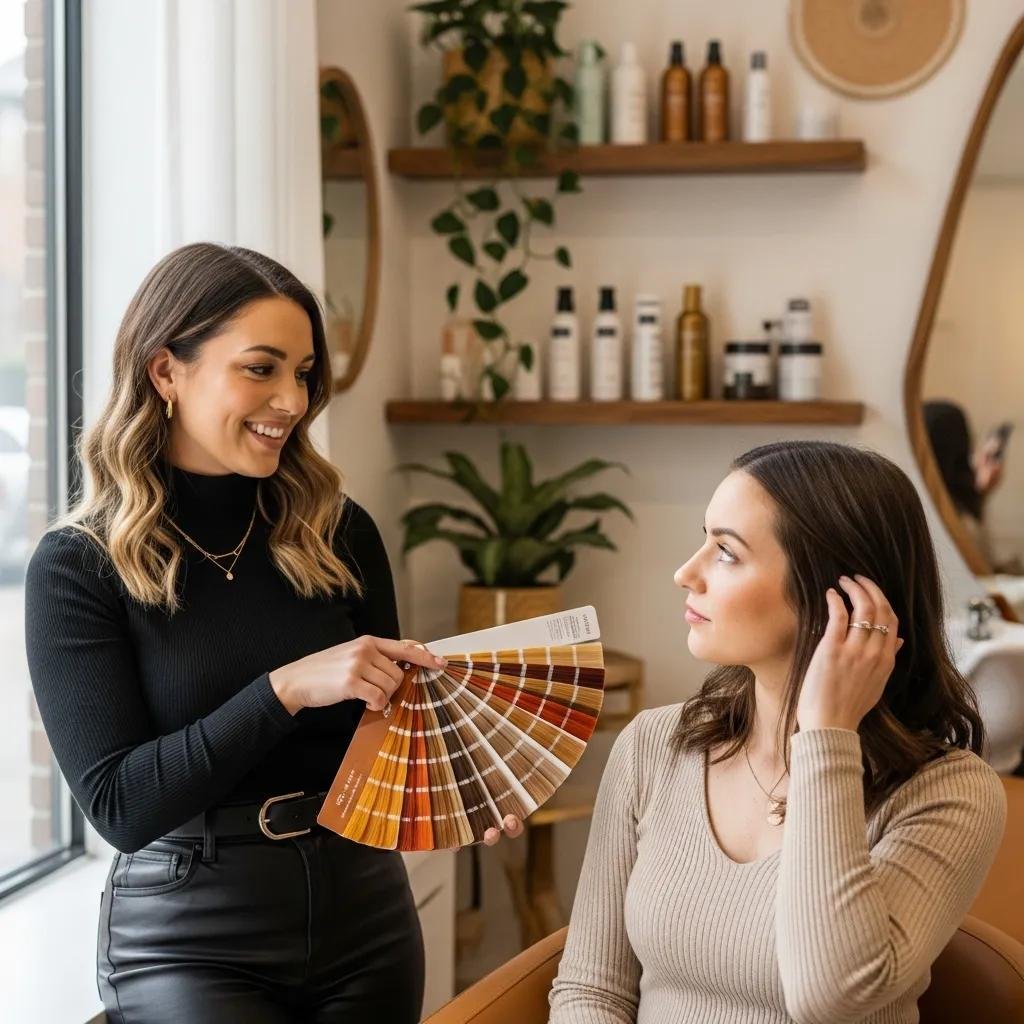 Consultation between stylist and client discussing partial highlights and toner options in a welcoming salon space