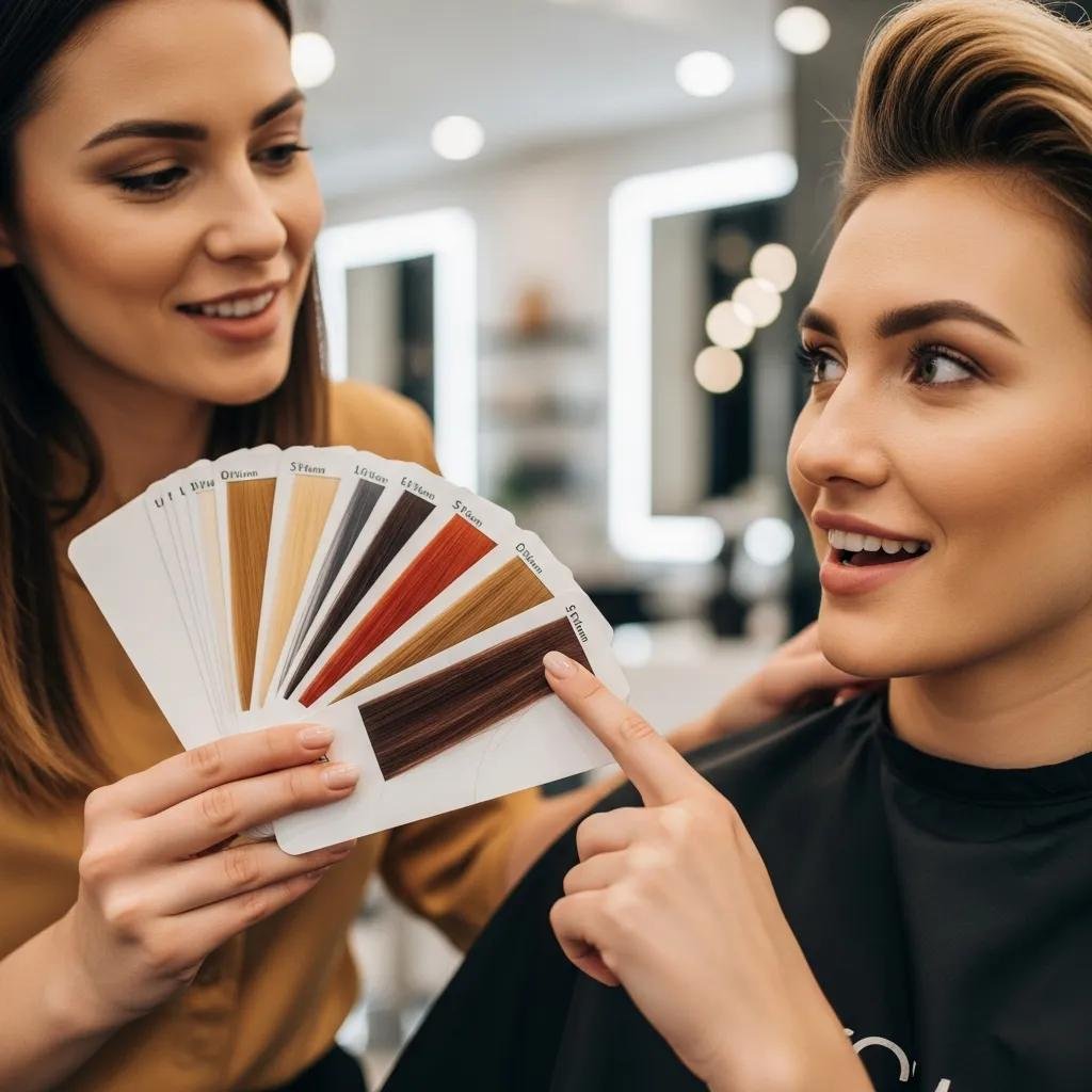 Owner-stylist consulting with a client about a tailored root touch-up plan in a chic salon
