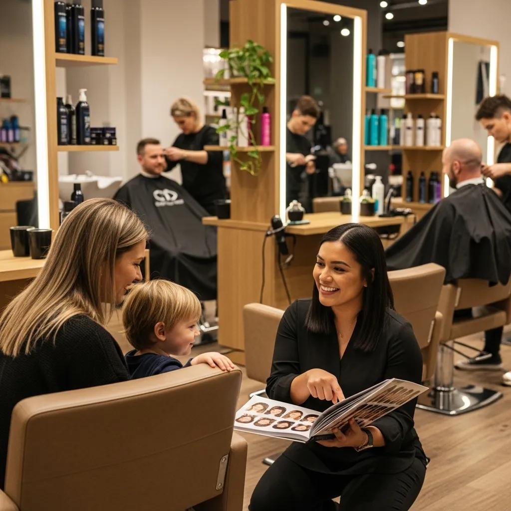 Stylist consulting with a family to customize haircuts